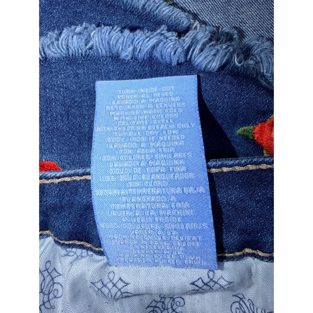 Hydraulic Denim Skirt Women 12 Blue Excellent Rose Embroidered Raw Hem Mini